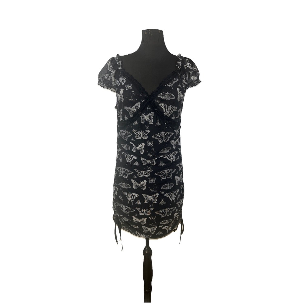 Romwe XL Babydoll Ruched Dress Punk Dark Fairy Butterfly Witchy Romantic Goth